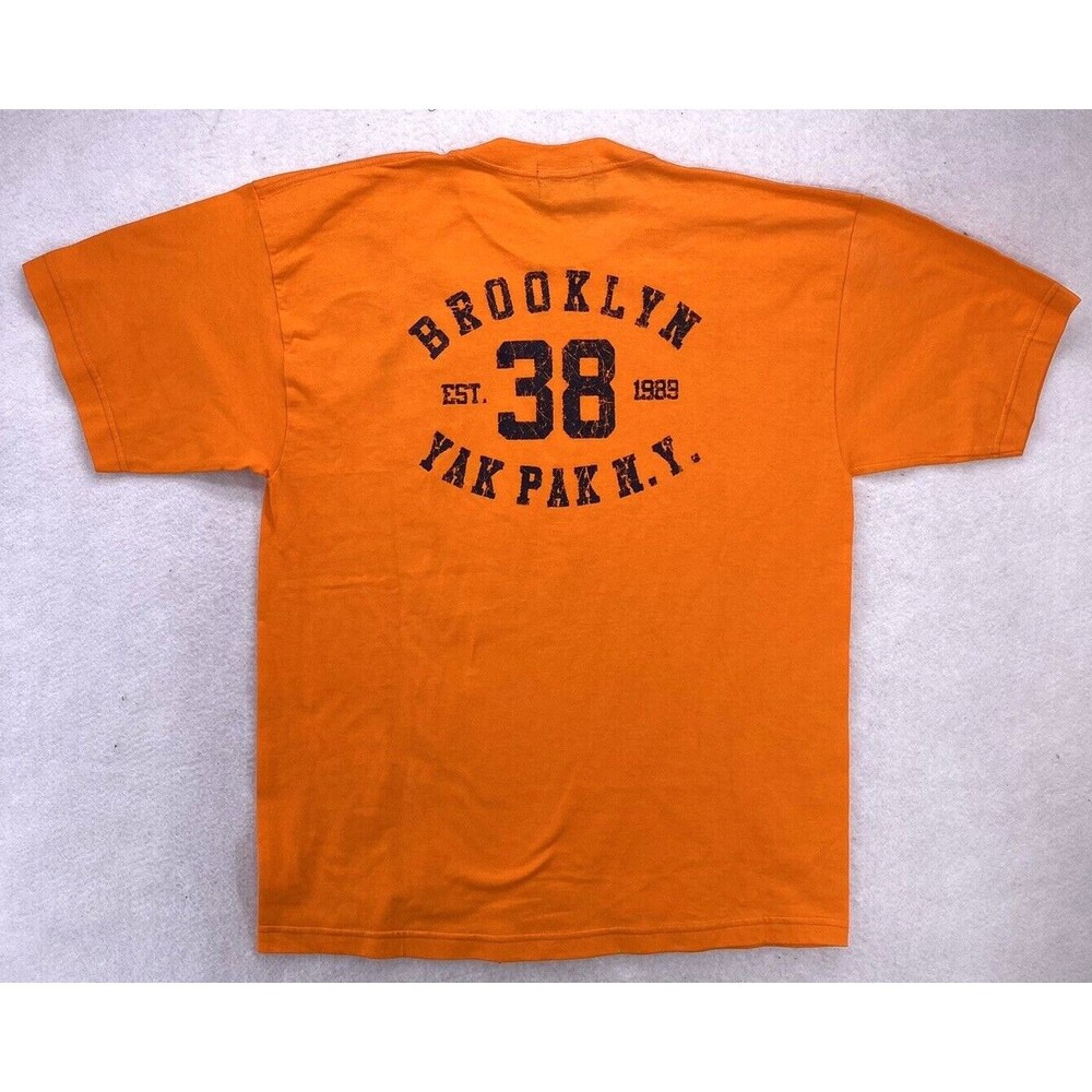 Vintage 90s Yak Pak T Shirt Brooklyn NY Est 1989 Large Made USA Orange Defect